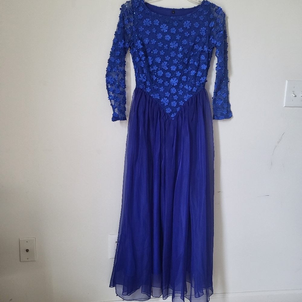 Long Sleeve Blue Prom Dress S